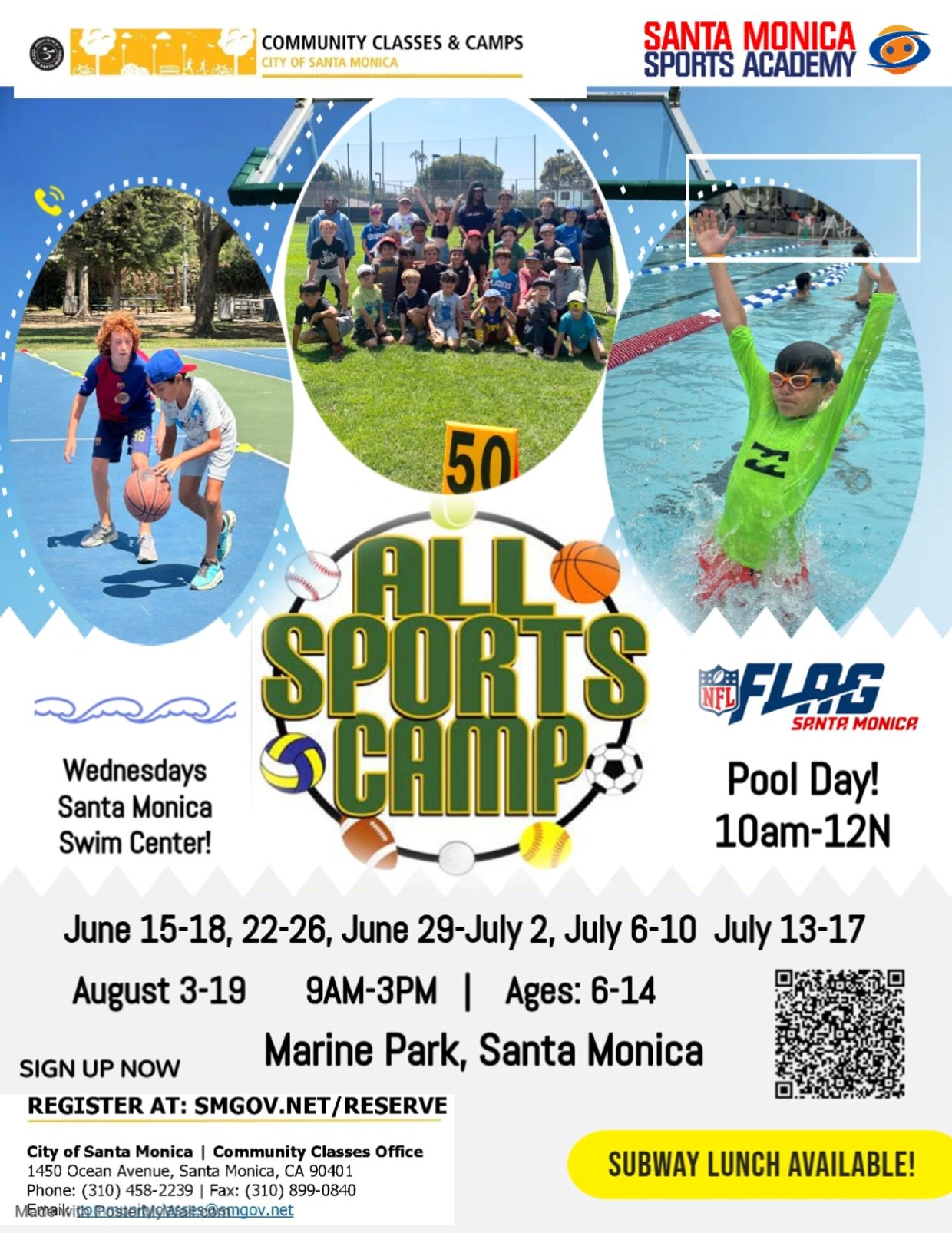 Kids enjoying basketball, group activities, and swimming at Santa Monica All Sports Camp.