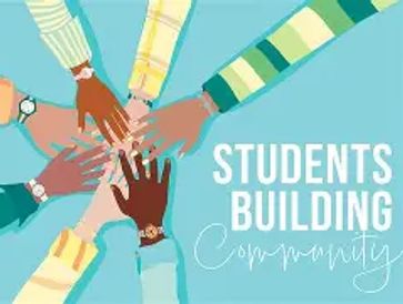 Diverse hands joined with text 'Students Building Community'