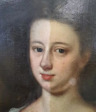 A portrait showing a face split into two different painting styles or restoration stages.