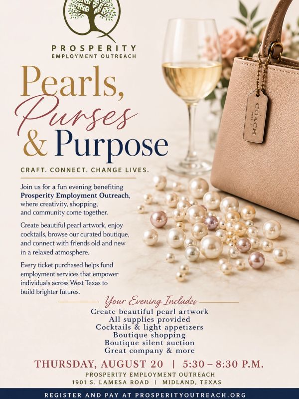 Event flyer for Pearls, Purses & Purpose by Prosperity Employment Outreach.
