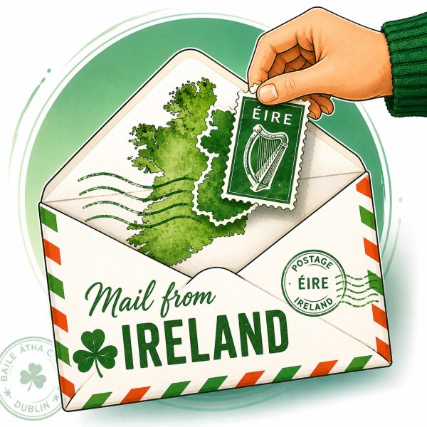 Illustration of mail from Ireland with green map and stamp.