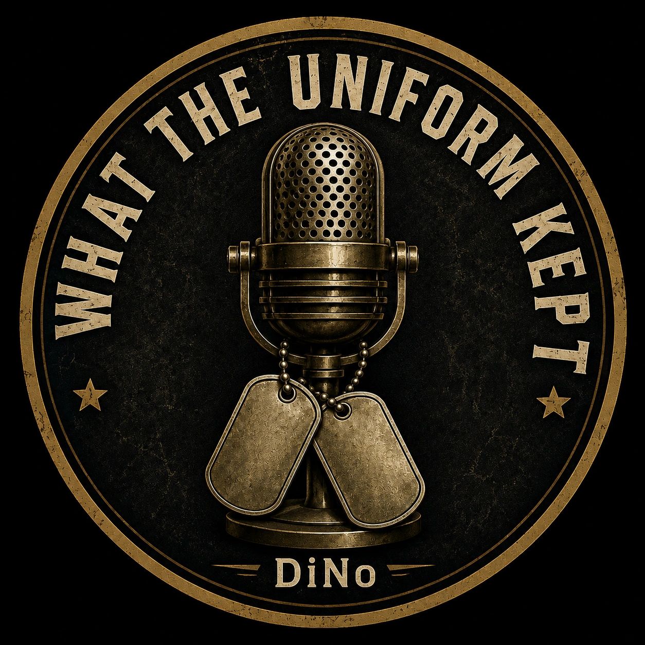 Vintage microphone and dog tags with text What The Uniform Kept.