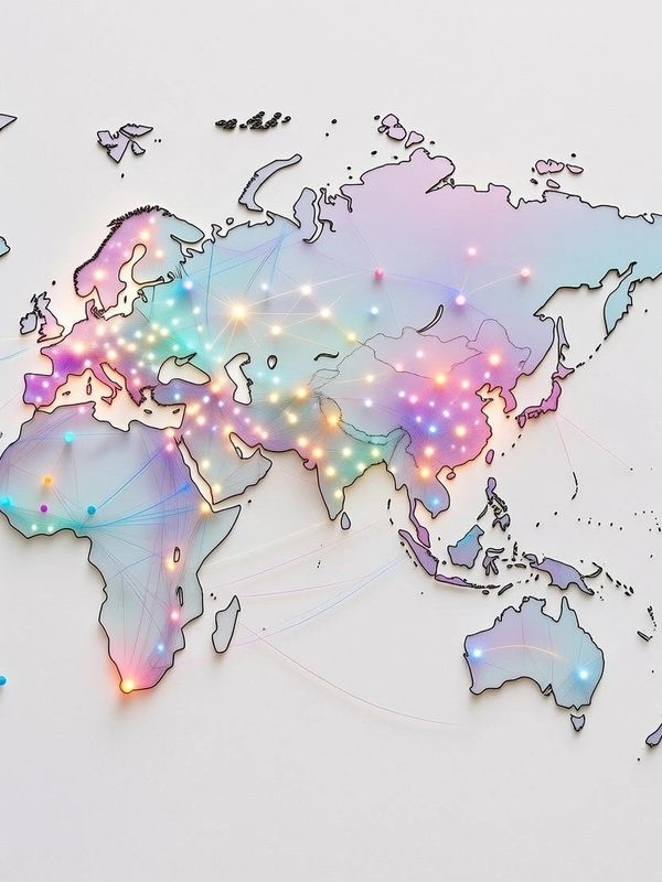 GCC Partner with Ai First approach to setup services and value acceleration across sectors , industries and functions with Colorful illuminated world map showing network connections across continents.