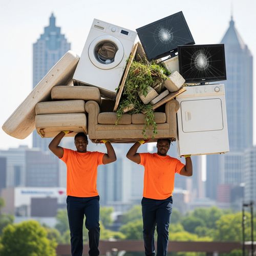 Two men from Grab And Go Junk Removal Llc Atlanta, GA, carrying a pile of trash over their heads.