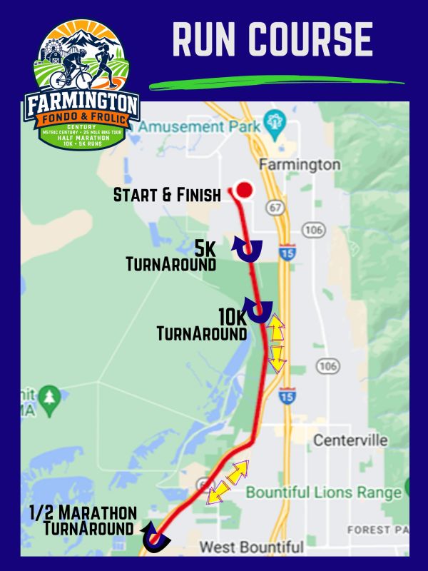 Map of Farmington run course with start, finish, and turnaround points.