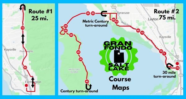 Maps of two Gran Fondo Salt Lake biking routes with turn-around points.
