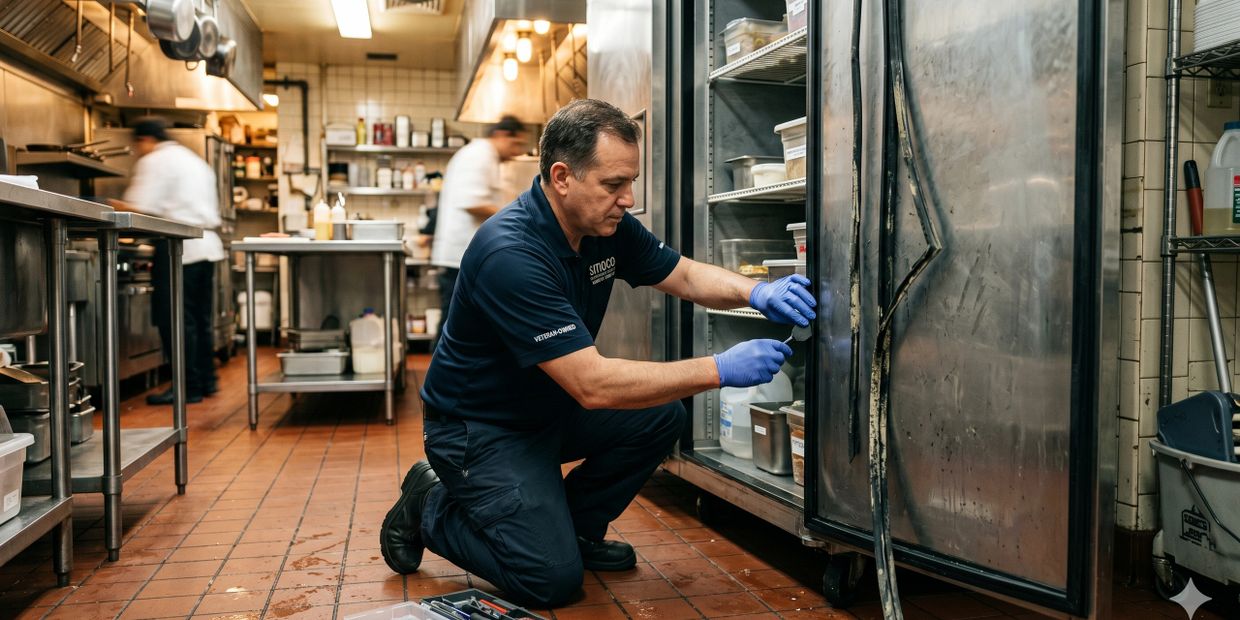 Technician repairing a commercial refrigerator in a busy kitchen.