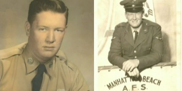 Two vintage photos of a young man in military uniform from different angles.