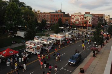 Arial view of vendors set up on street.