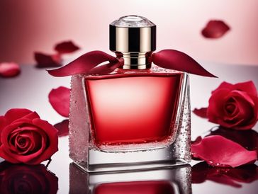 Elegant red perfume bottle surrounded by rose petals and roses.
