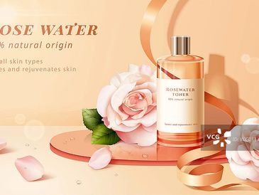 Elegant rose water toner bottle with natural rose petals and soft peach tones.