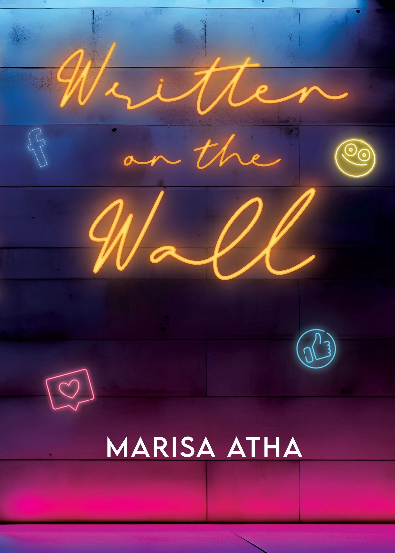 Neon sign saying 'Written on the Wall' with social media icons glowing.