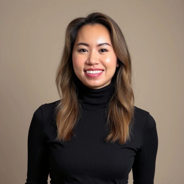 Smiling woman with long hair in a black turtleneck.