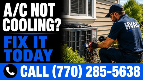 HVAC technician fixing an air conditioner with a call-to-action overlay.