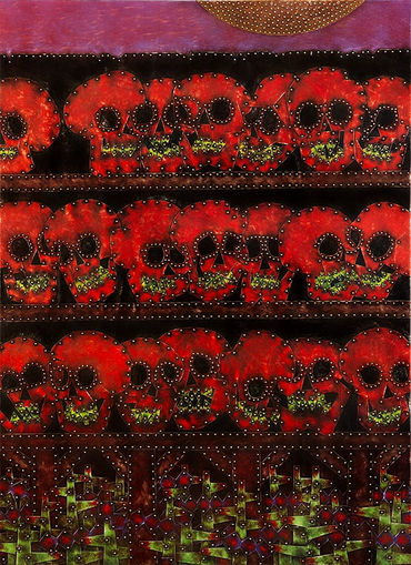 'Red Skulls' . Painted metal over wood -1992 - 66 x 48 x1.66