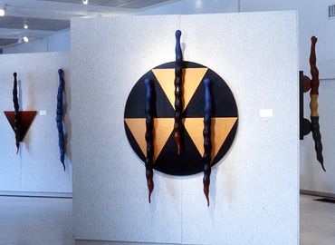 Beans at a Shelter (Wood, paint) (on rear panel: Bean with Triangle and Black & Blue Bean)