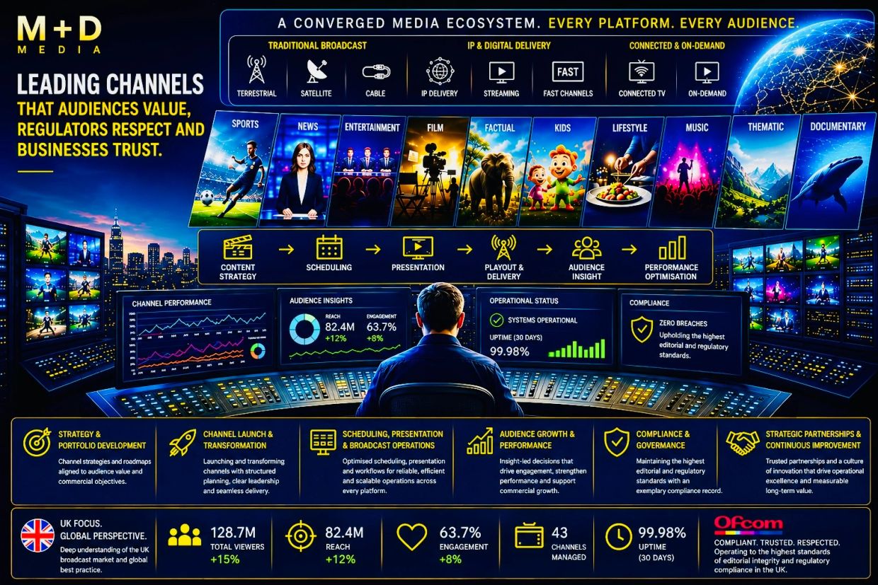 Overview of M+D Media's converged media ecosystem and channel insights.