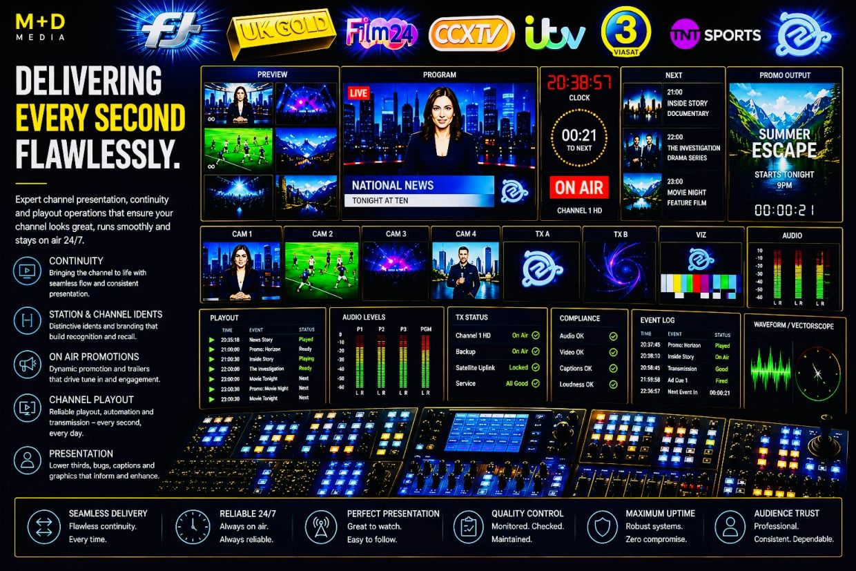 Broadcast control panel with multiple screens and robust media operation features.