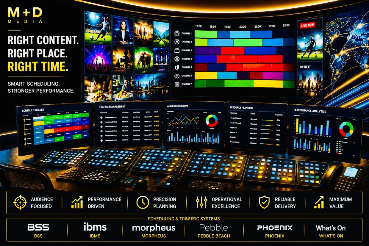 Media scheduling and traffic system control room with multiple monitors and performance analytics.