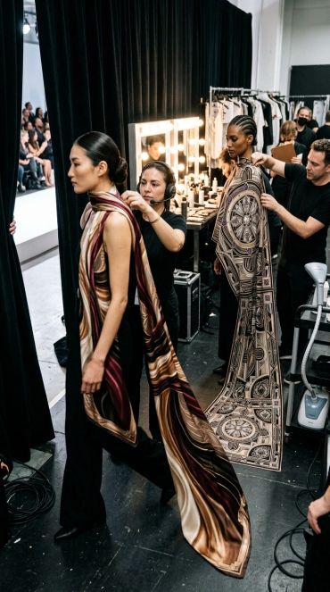 Models getting dressed backstage at a fashion show.