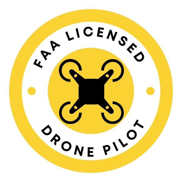 FAA Licensed Drone Pilot badge featuring a drone icon in yellow and black.