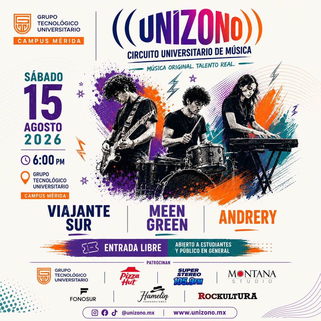 Evento musical UNIZONO el 15 de agosto de 2026 en Mérida.