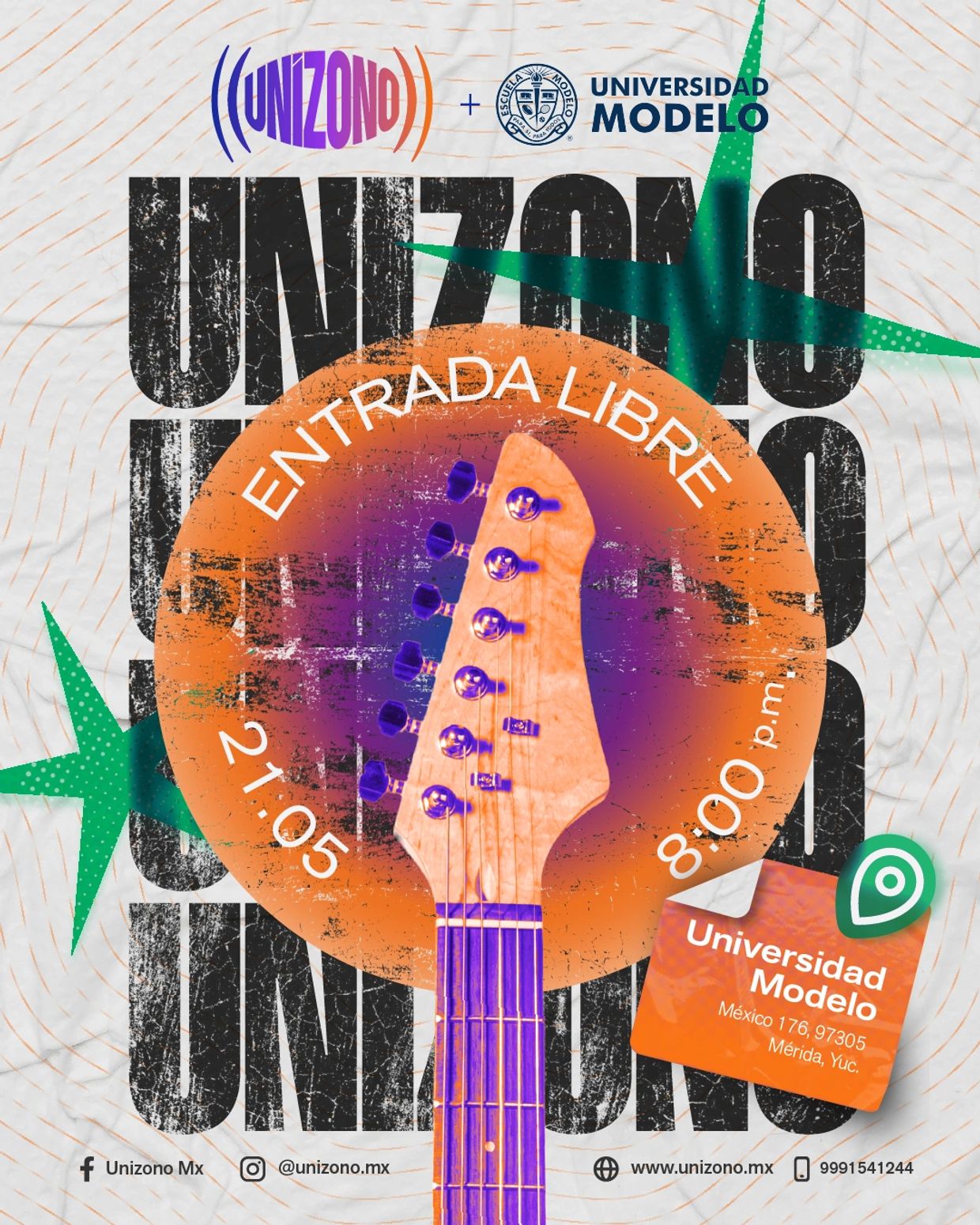 Concert event at Universidad Modelo with free entry on May 21 at 8:00 p.m.