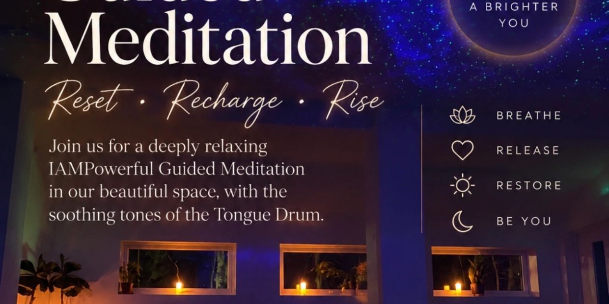 Guided meditation event with calming tones and relaxing ambiance.