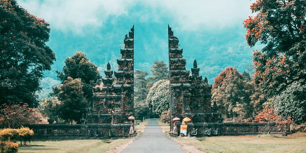 Traditional split gate temple entrance surrounded by trees.
