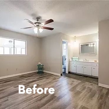Empty room with wooden floor and bathroom visible, labeled 'Before'.