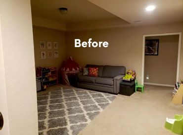 A dimly lit living room with a gray couch and children's toys, labeled 'Before'.