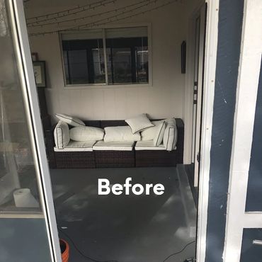 A porch with a wicker couch and white cushions labeled 'Before'.