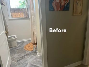 Bathroom interior with gray floor tiles and a toilet, labeled 'Before'.