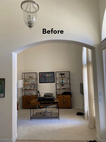 A home office setup with a desk, chair, and two shelves, labeled 'Before'.