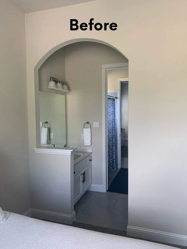 A bathroom sink area with an arched entry labeled 'Before'.