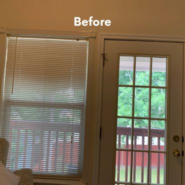 A window with blinds and a glass door showing a backyard, labeled 'Before'.