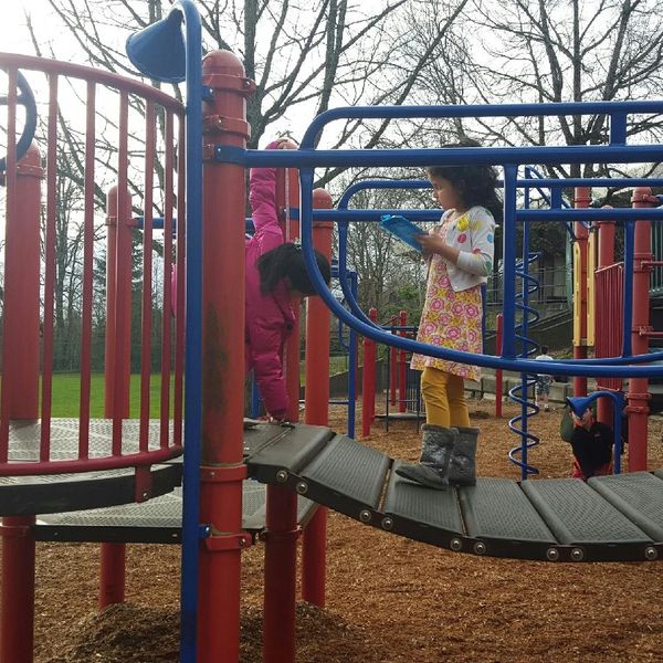 A little girl on a playground slide is looking at a blue tablet.