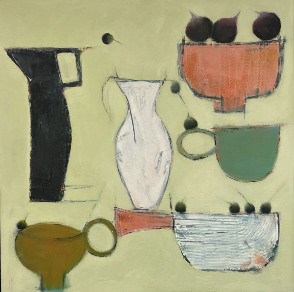 Abstract still life with vessels and fruits on a muted background.