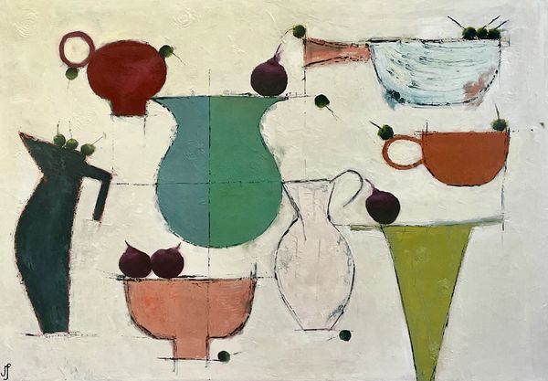 Abstract still life with pitchers, bowls, and olives.
