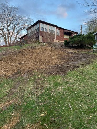 Stump grinding completed Irondaqouit, NY – large hillside stump ground out and removed from backyard