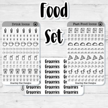 Food Sticker Set with Icons, Scripts and Doodles