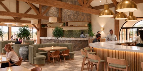 3D visualisation of a farmhouse restaurant interior with a curved bar, exposed timber beams, stone f