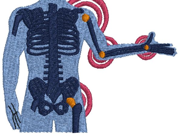 Embroidery of a human skeleton with joints highlighted in orange and pink cords in the background.