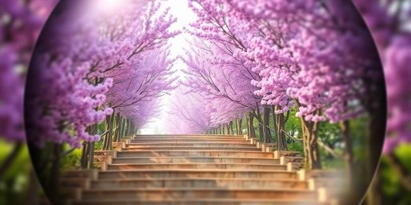 Brown stone steps lined with purple flowering trees clearly seen through a lense.