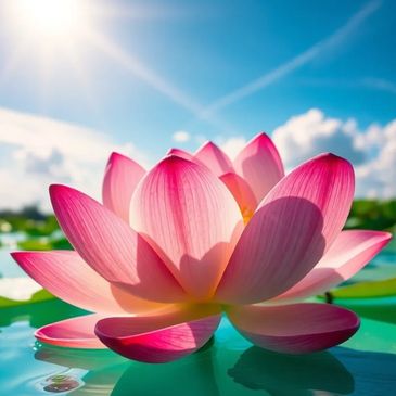 A lotus flower with pink petals opens on a bright summer day