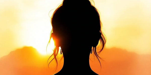 The silhouette of a woman's head and shoulders in front of a bright yellow sun.