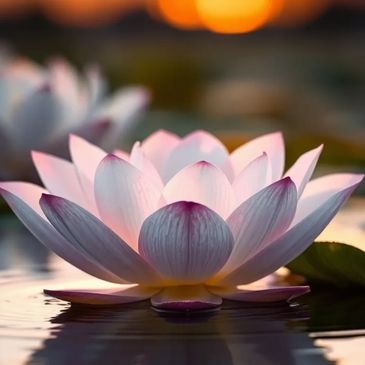 A lotus flower with pale lavendar petals, open during a sunset