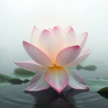 A lotus flower with white petals with pink tips, open on a misty morning
