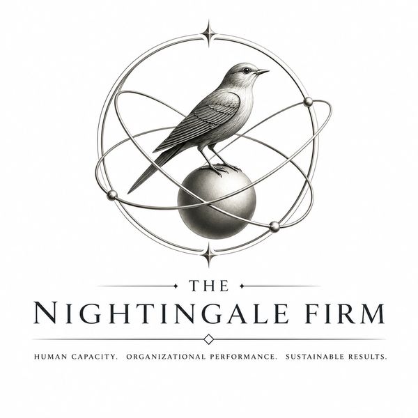 Logo of The Nightingale Firm with a bird and orbiting spheres.