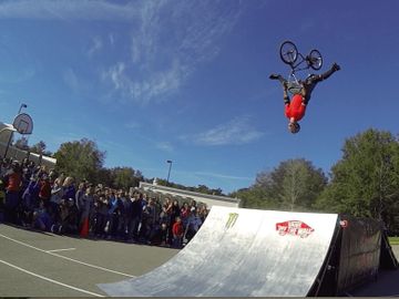 Rob Nolli finishing the BMX Trickstars stunt show with a No Footed backflip. 